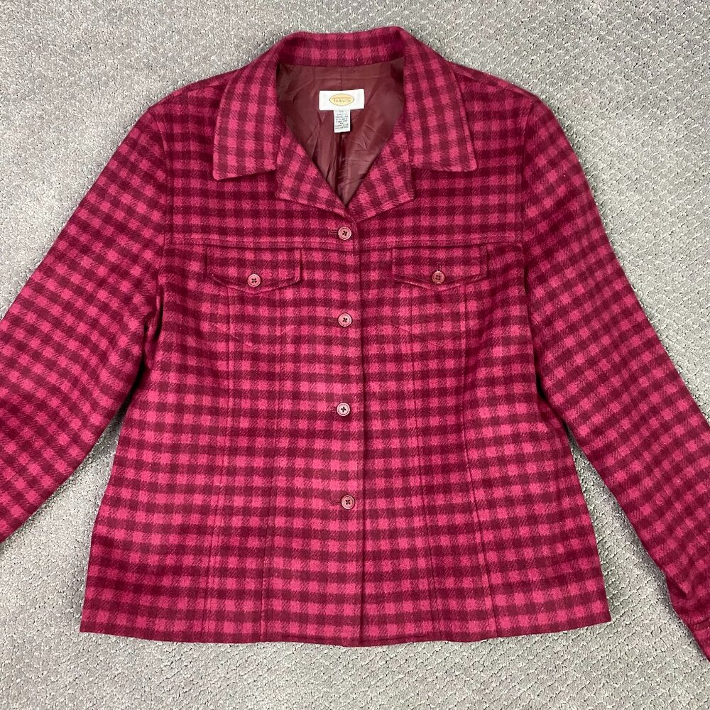 Talbots Wool Blend Blazer Shirt Jacket Shacket Women's 16 Pink Red Check Plaid